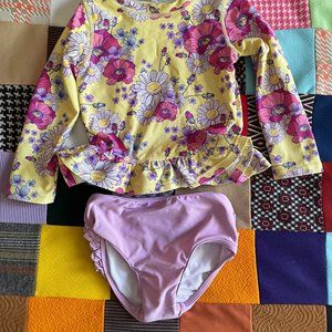 RuffleButts Toddler Purple Yellow Floral Long-Sleeve Rash Guard Bikini 3T